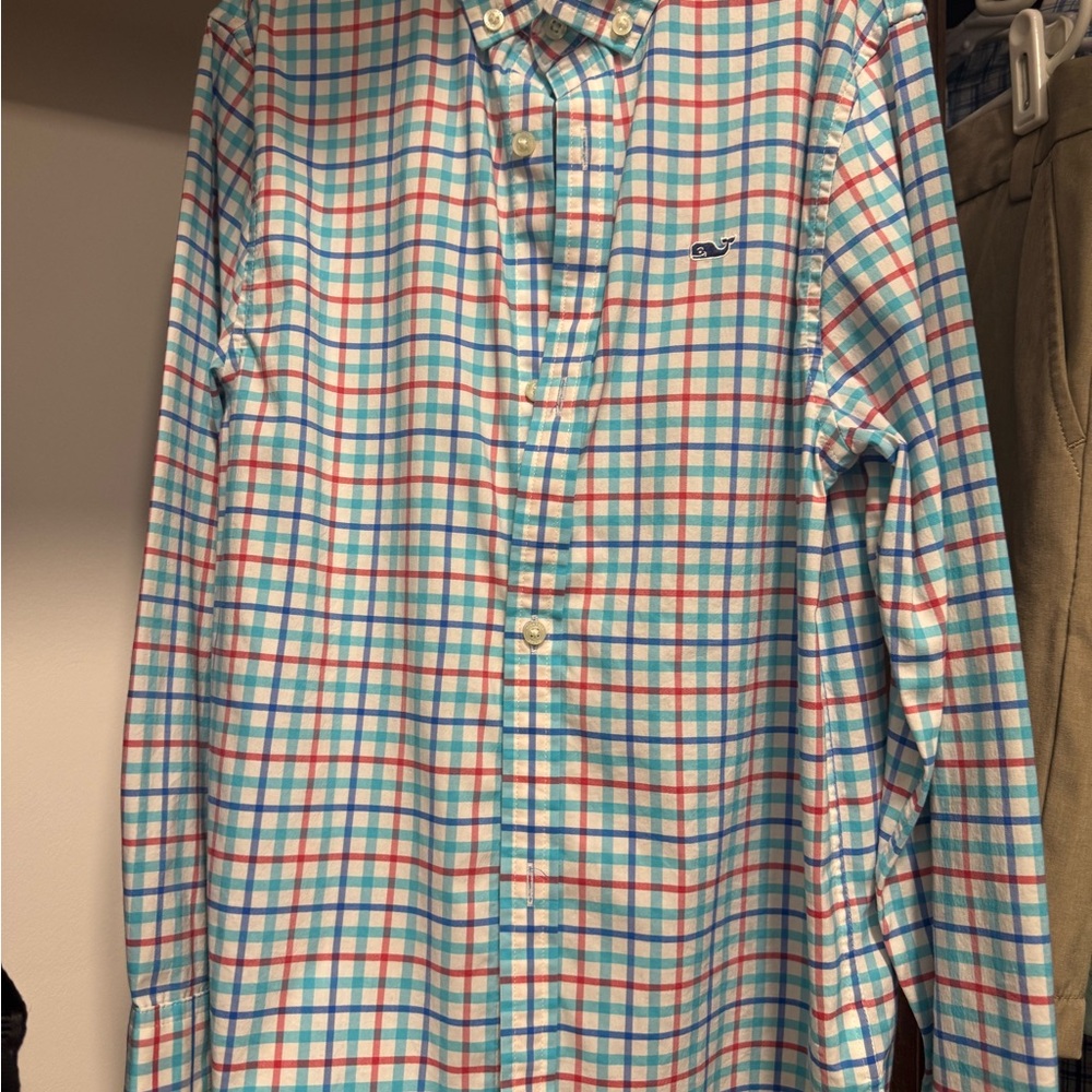 Vineyard Vines Blue and Red Button Down Shirt- boys size small (8-10)